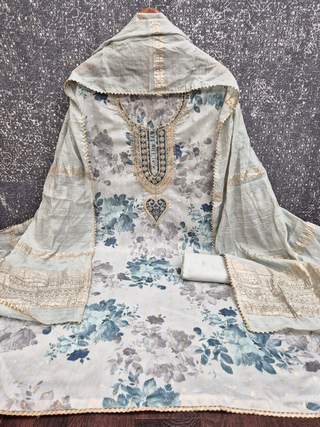 Peachmode Powder Blue Chanderi Jacquard Unstitched Dress Material With Floral Print And Embroidered U Neck And Lace Edge Dupatta - Image 5