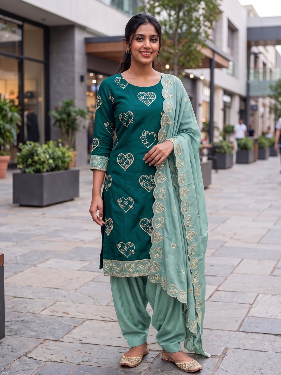 Peachmode Teal Vichitra Silk Unstitched Dress Material With Gold Heart Motif Sequence Work And Contrast Scalloped Dupatta - Image 2