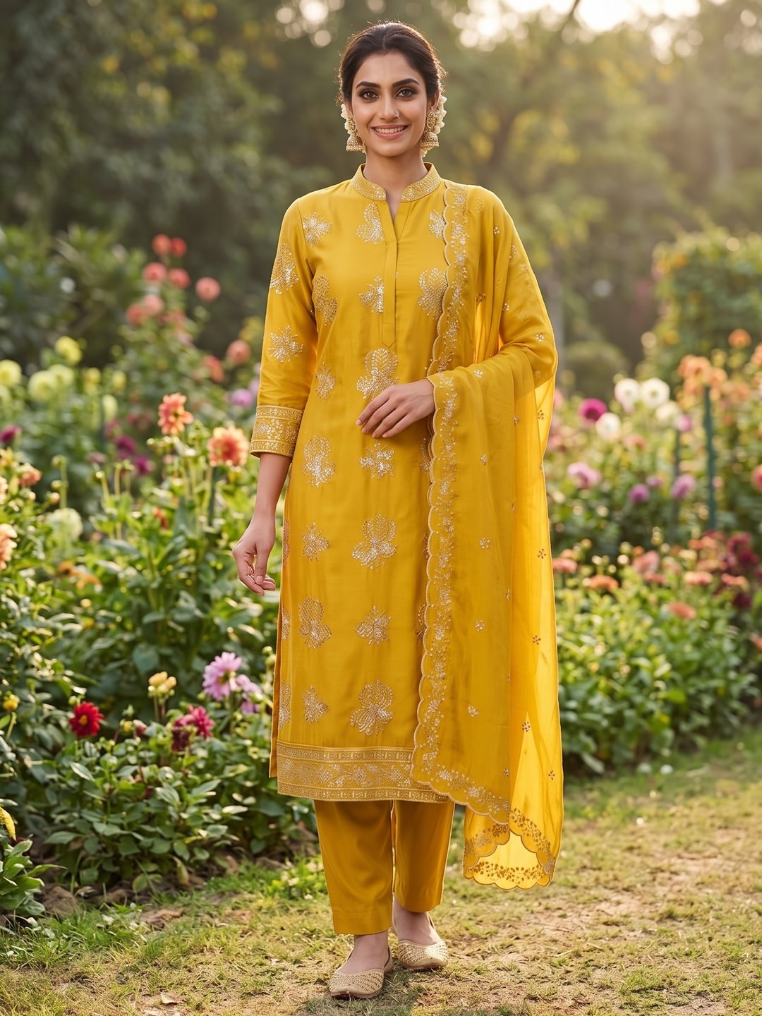 Peachmode Mustard Vichitra Silk Unstitched Dress Material With Gold Butterfly Floral Sequence Work And Scalloped Embroidered Dupatta - Image 2