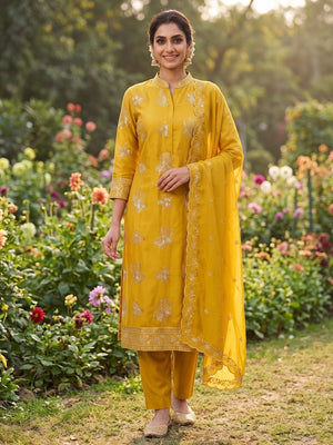 Peachmode Mustard Vichitra Silk Unstitched Dress Material With Gold Butterfly Floral Sequence Work And Scalloped Embroidered Dupatta - Image 2