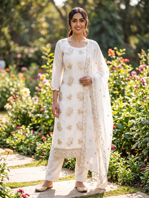 Peachmode White Vichitra Silk Unstitched Dress Material With Gold Butterfly Floral Sequence Work And Scalloped Embroidered Dupatta - Image 2