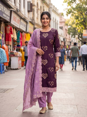 Peachmode Wine Vichitra Silk Unstitched Dress Material With Gold Heart Motif Sequence Work And Contrast Scalloped Dupatta - Image 2