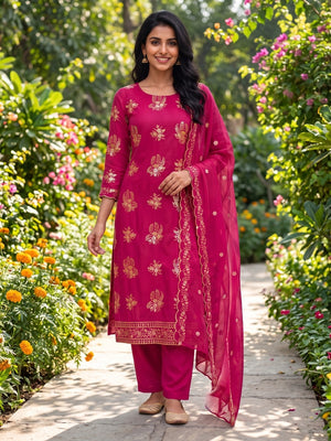Peachmode Rani Pink Vichitra Silk Unstitched Dress Material With Gold Butterfly Floral Sequence Work And Scalloped Embroidered Dupatta - Image 2