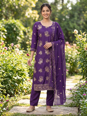 Peachmode Purple Vichitra Silk Unstitched Dress Material With Gold Butterfly Floral Sequence Work And Scalloped Embroidered Dupatta - Image 2