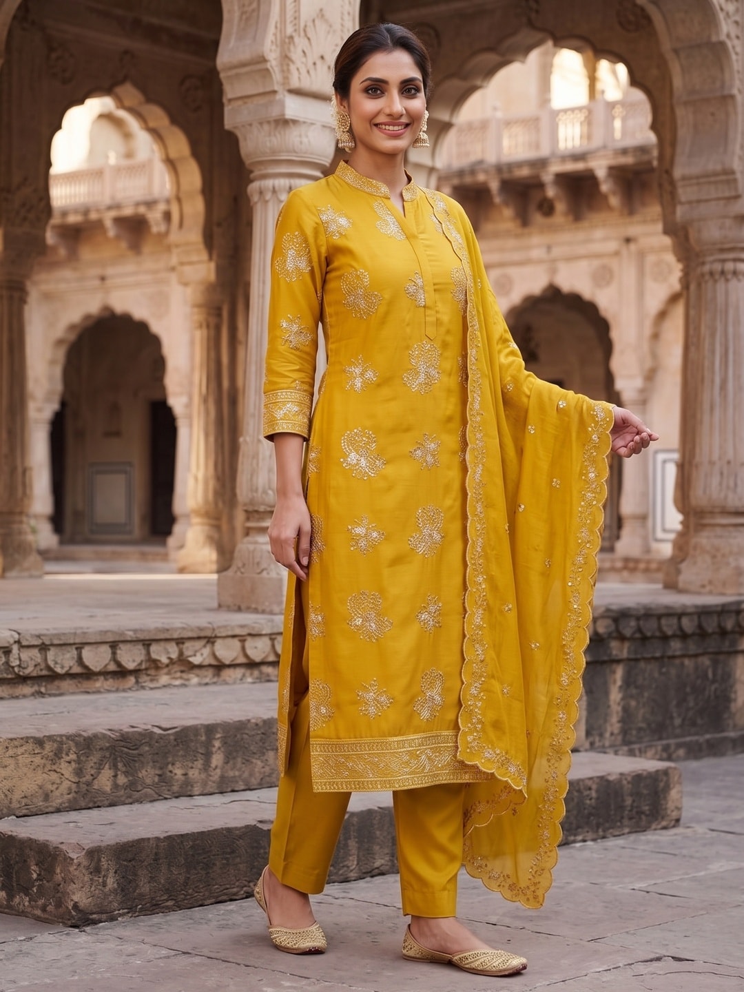 Peachmode Mustard Vichitra Silk Unstitched Dress Material With Gold Butterfly Floral Sequence Work And Scalloped Embroidered Dupatta - Image 3