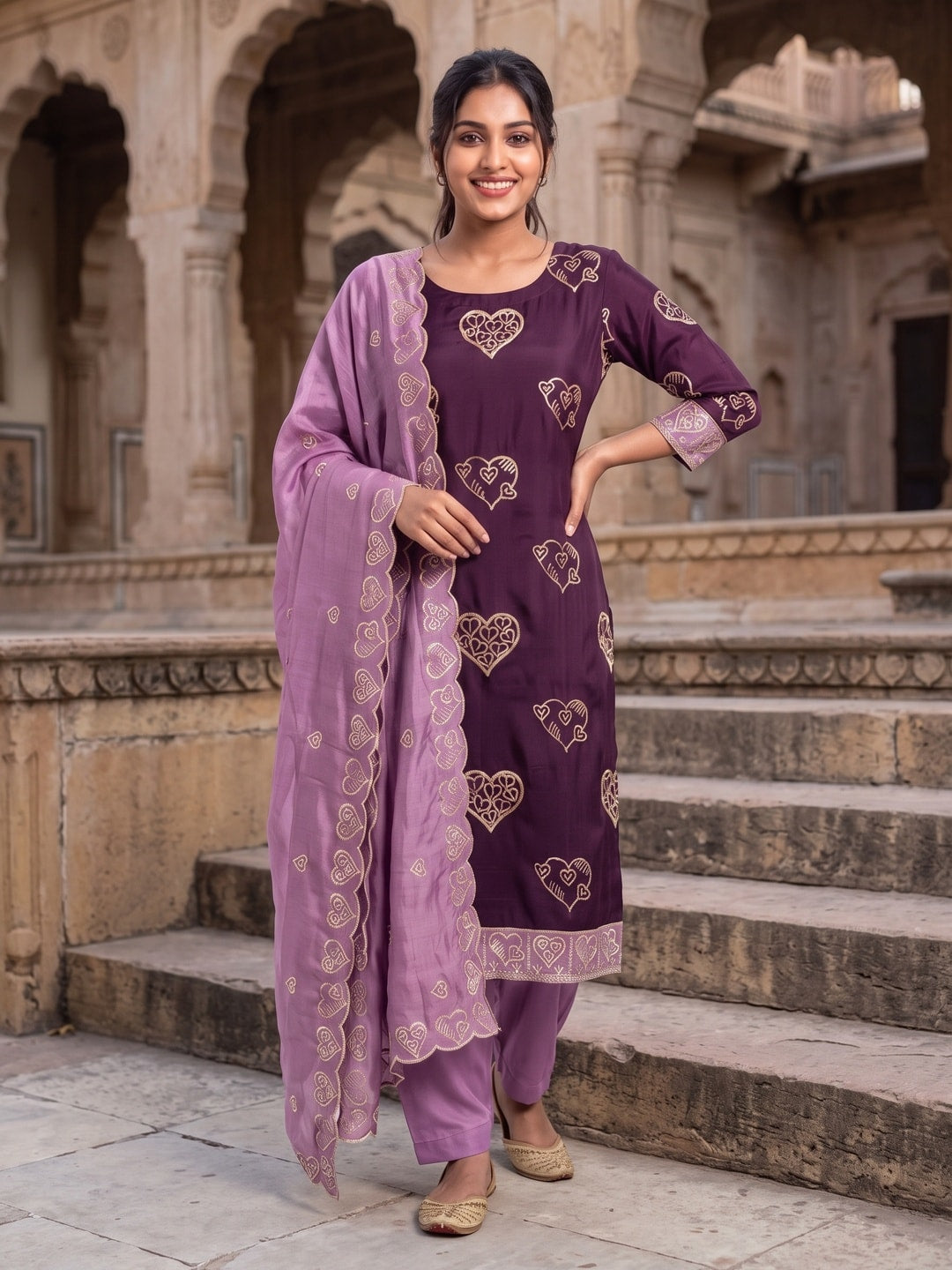 Peachmode Wine Vichitra Silk Unstitched Dress Material With Gold Heart Motif Sequence Work And Contrast Scalloped Dupatta - Image 3