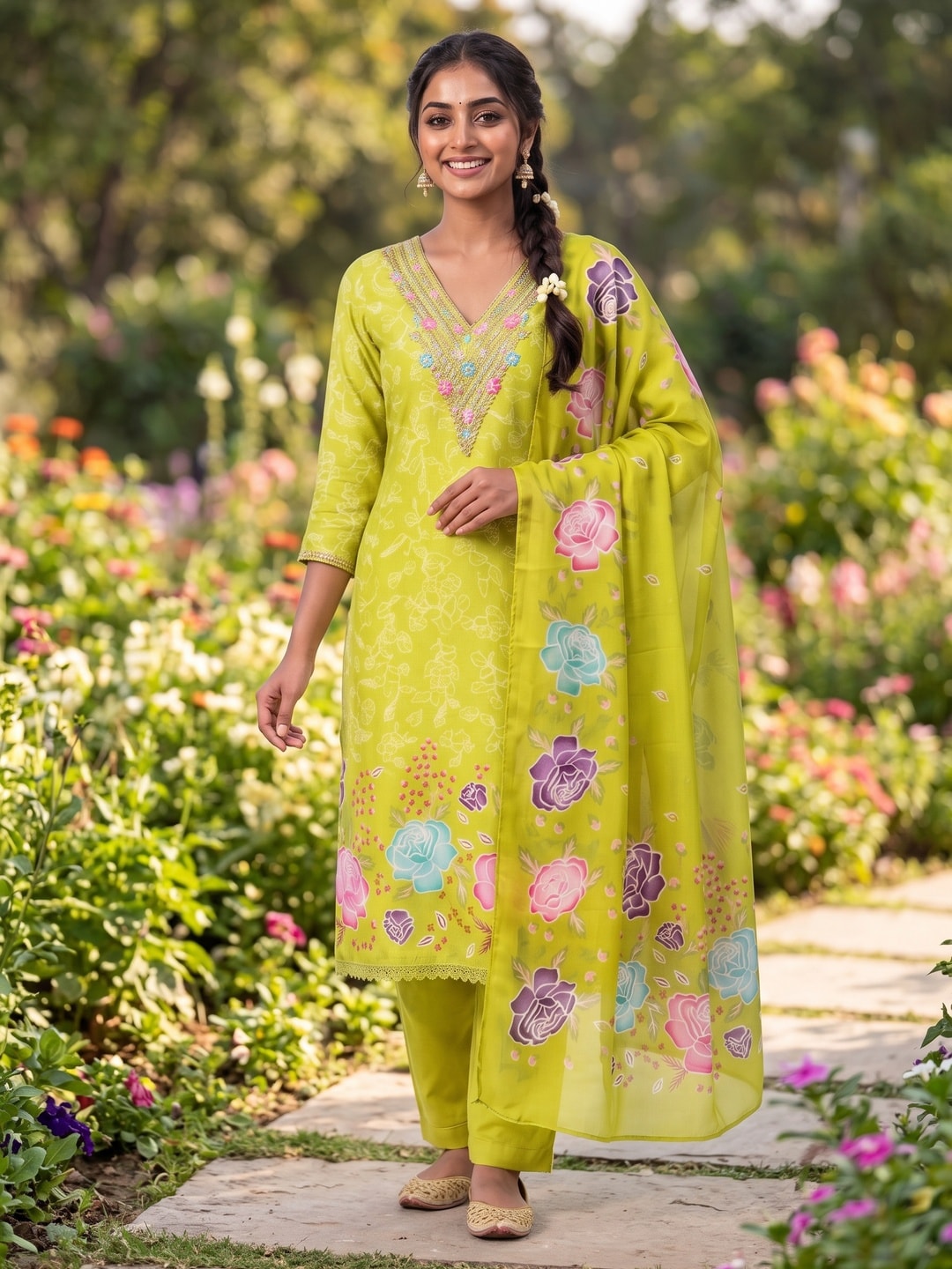 Peachmode Lime Green French Crepe Unstitched Dress Material With Embroidered Floral Neck And Digital Rose Print Chinon Dupatta - Image 2