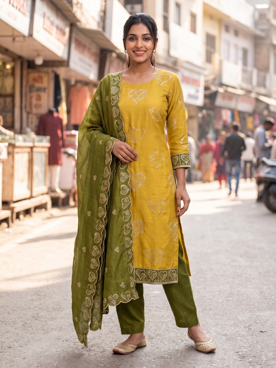 Peachmode Mustard Vichitra Silk Unstitched Dress Material With Gold Heart Motif Sequence Work And Contrast Scalloped Dupatta - Image 2
