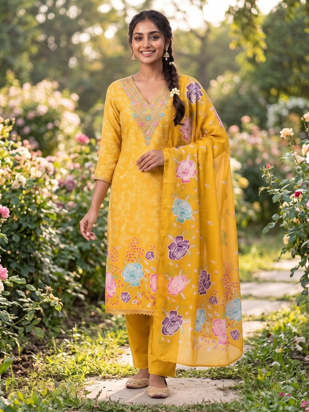 Peachmode Mustard French Crepe Unstitched Dress Material With Embroidered Floral Neck And Digital Rose Print Chinon Dupatta - Image 2