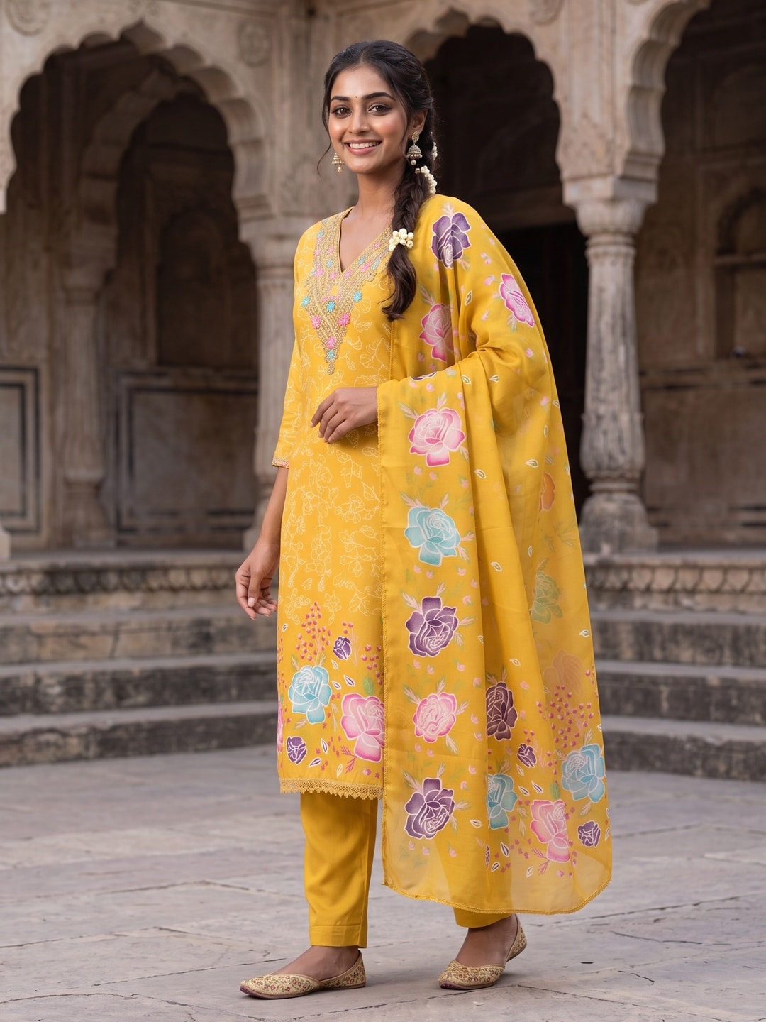 Peachmode Mustard French Crepe Unstitched Dress Material With Embroidered Floral Neck And Digital Rose Print Chinon Dupatta - Image 3