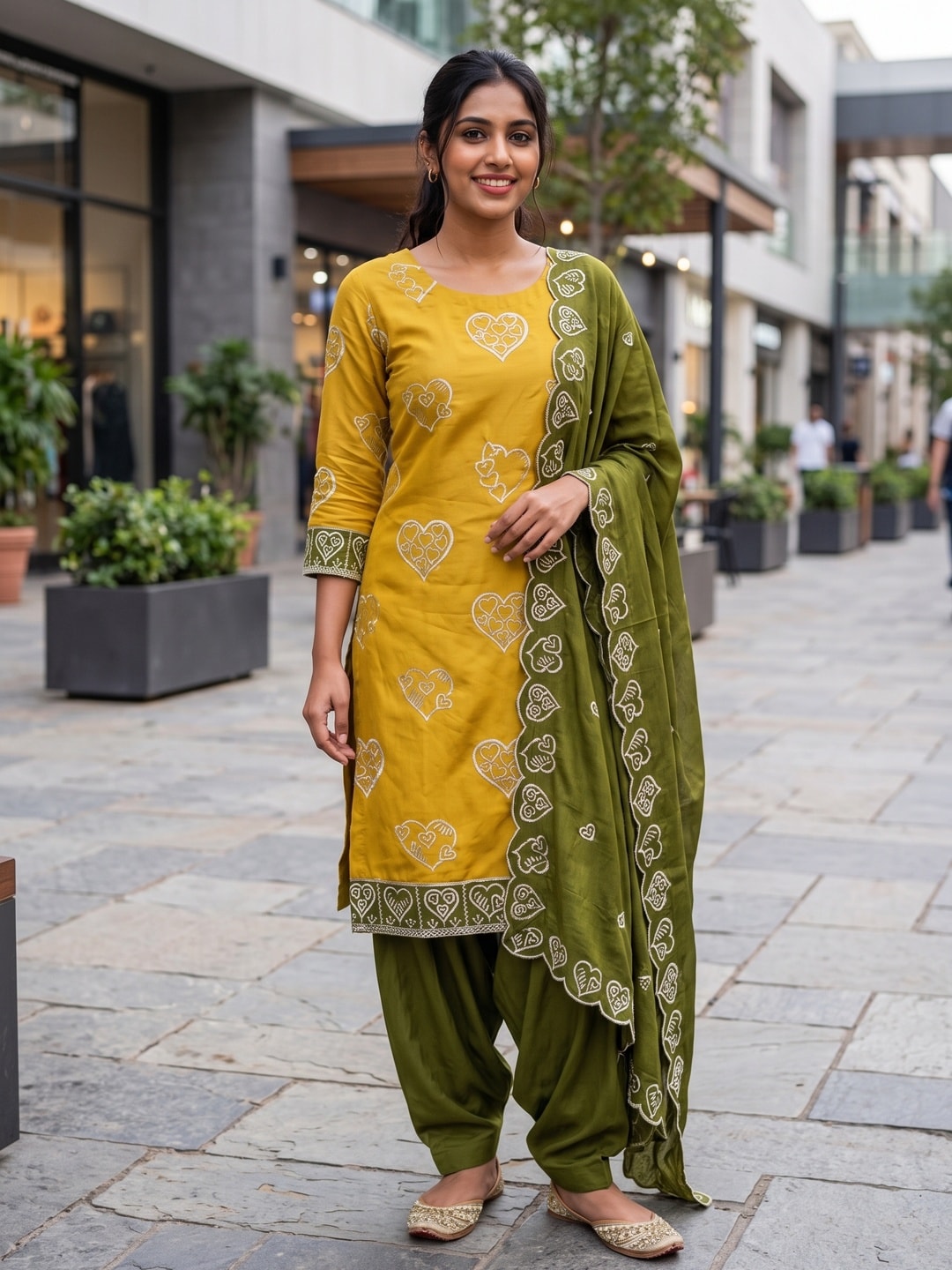 Peachmode Mustard Vichitra Silk Unstitched Dress Material With Gold Heart Motif Sequence Work And Contrast Scalloped Dupatta - Image 3