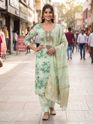 Peachmode Mint Green Chanderi Jacquard Unstitched Dress Material With Floral Print And Embroidered U Neck And Lace Edge Dupatta - Image 2