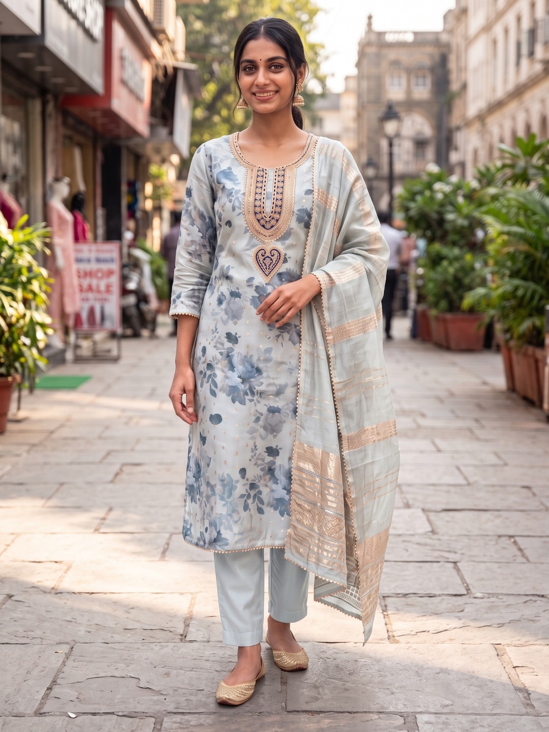 Peachmode Powder Blue Chanderi Jacquard Unstitched Dress Material With Floral Print And Embroidered U Neck And Lace Edge Dupatta - Image 2