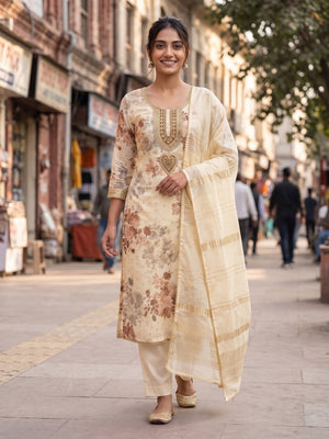 Peachmode Cream Chanderi Jacquard Unstitched Dress Material With Floral Print And Embroidered U Neck And Lace Edge Dupatta - Image 2