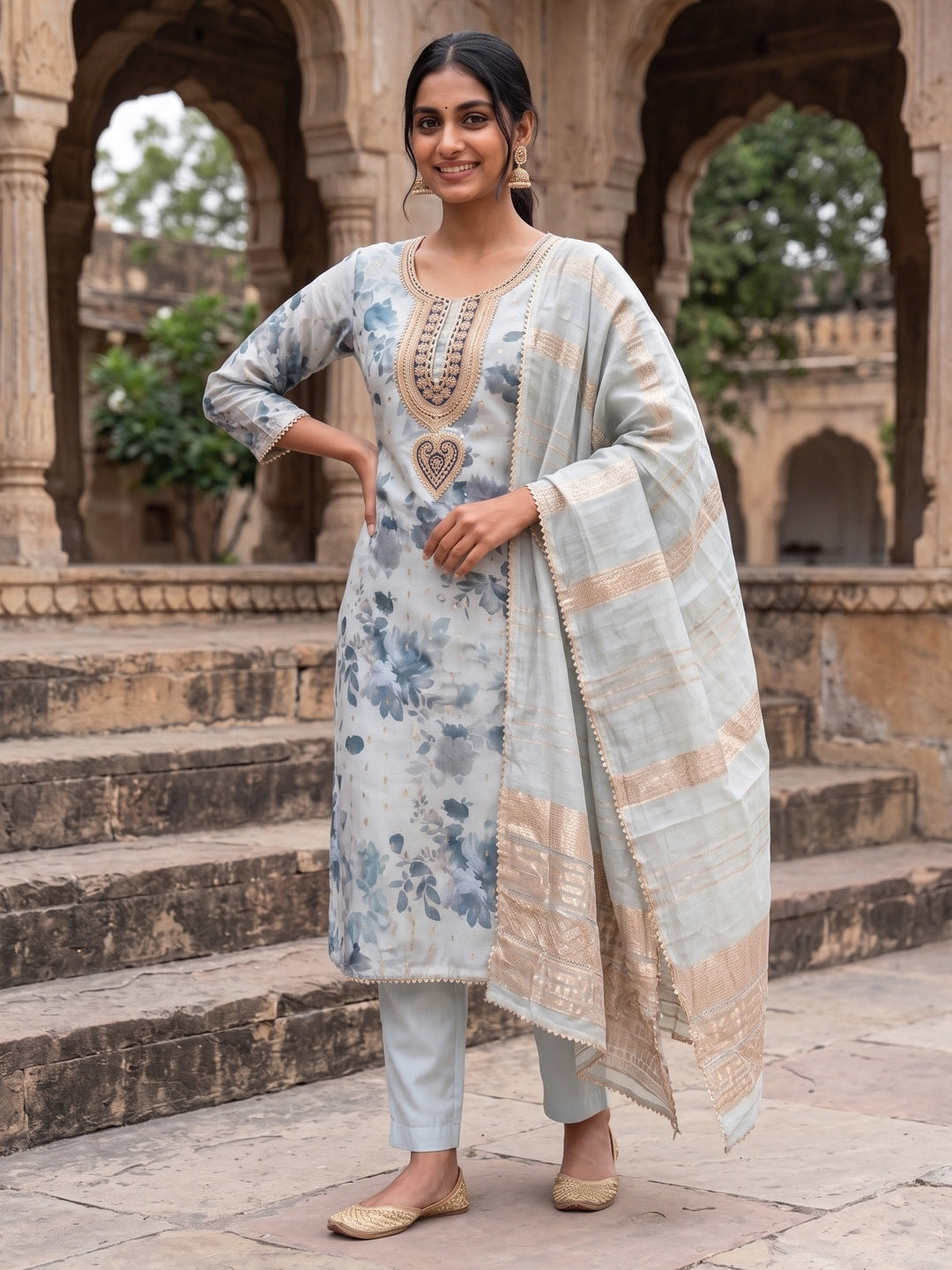 Peachmode Powder Blue Chanderi Jacquard Unstitched Dress Material With Floral Print And Embroidered U Neck And Lace Edge Dupatta - Image 3