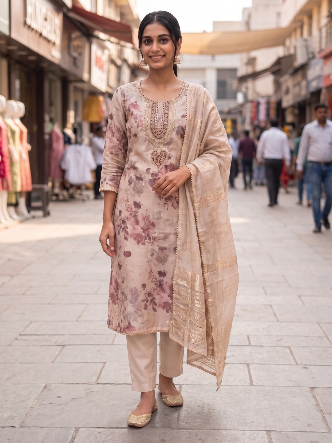 Peachmode Fawn Chanderi Jacquard Unstitched Dress Material With Floral Print And Embroidered U Neck And Lace Edge Dupatta - Image 2