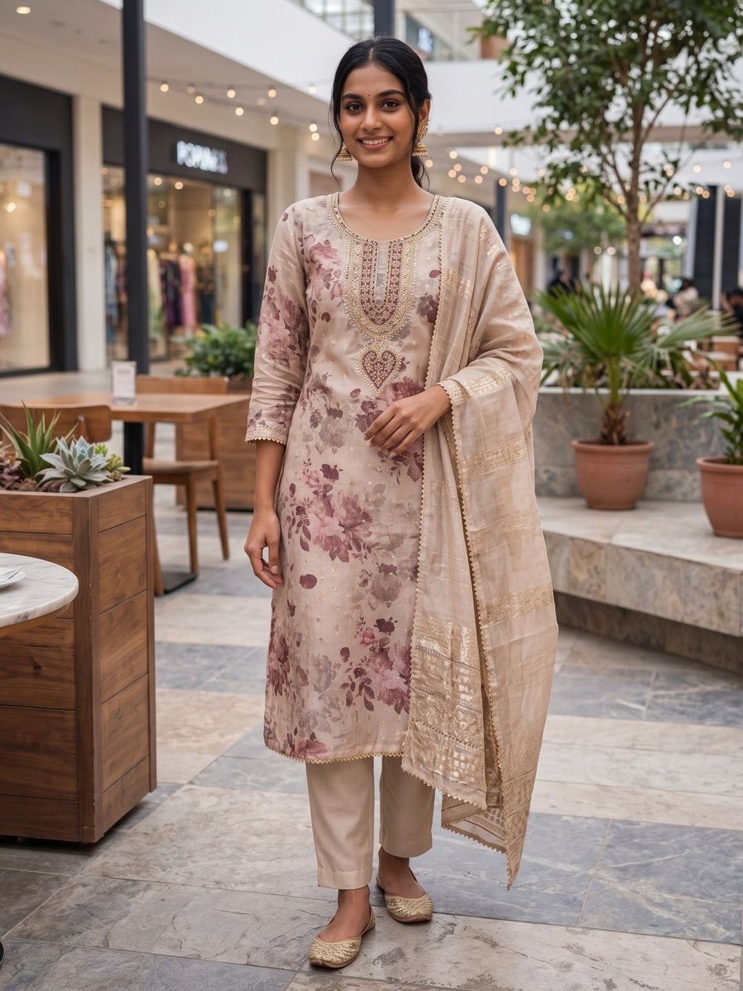 Peachmode Fawn Chanderi Jacquard Unstitched Dress Material With Floral Print And Embroidered U Neck And Lace Edge Dupatta - Image 3