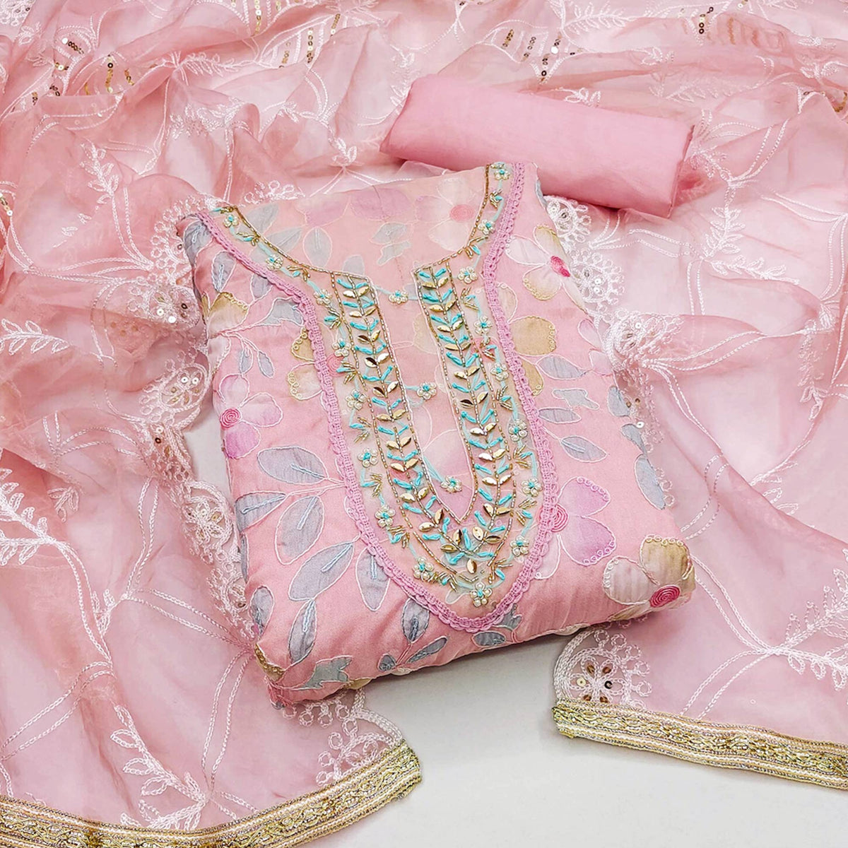 Peach Printed With Handwork Organza Dress Material - Image 1