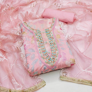 Peach Printed With Handwork Organza Dress Material - Image 1