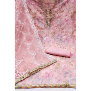 Peach Printed With Handwork Organza Dress Material - Image 2
