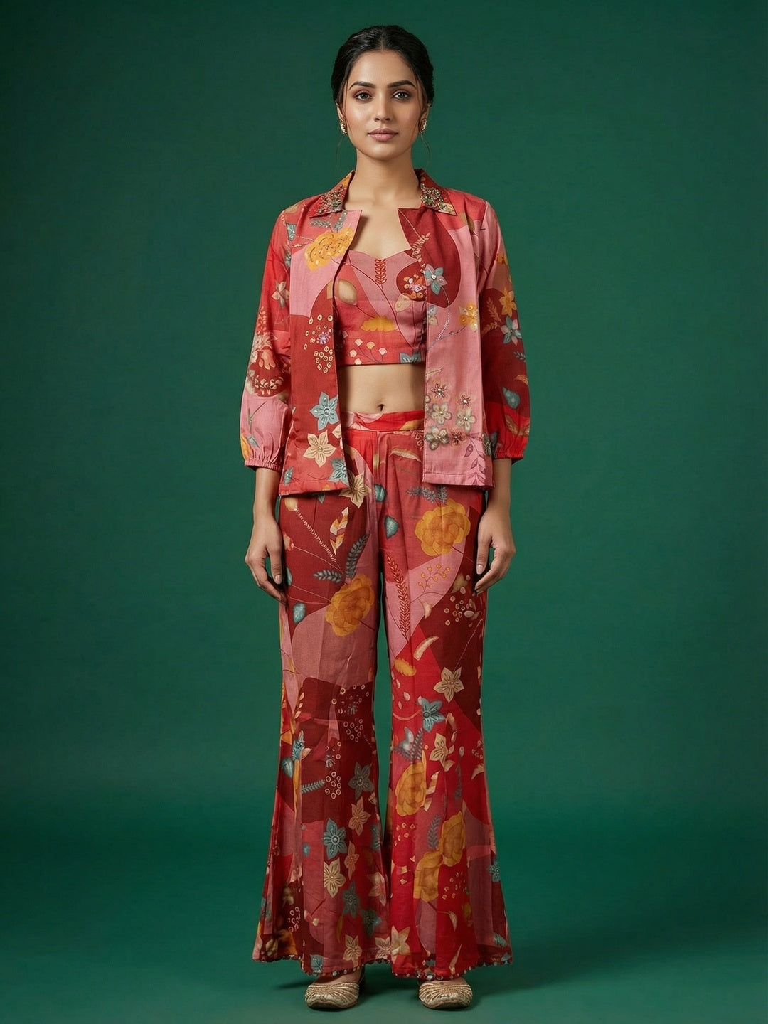 Red Muslin Printed & Embroidered Crop Top Ensemble with Coordinating Shrug and Palazzos - Image 1