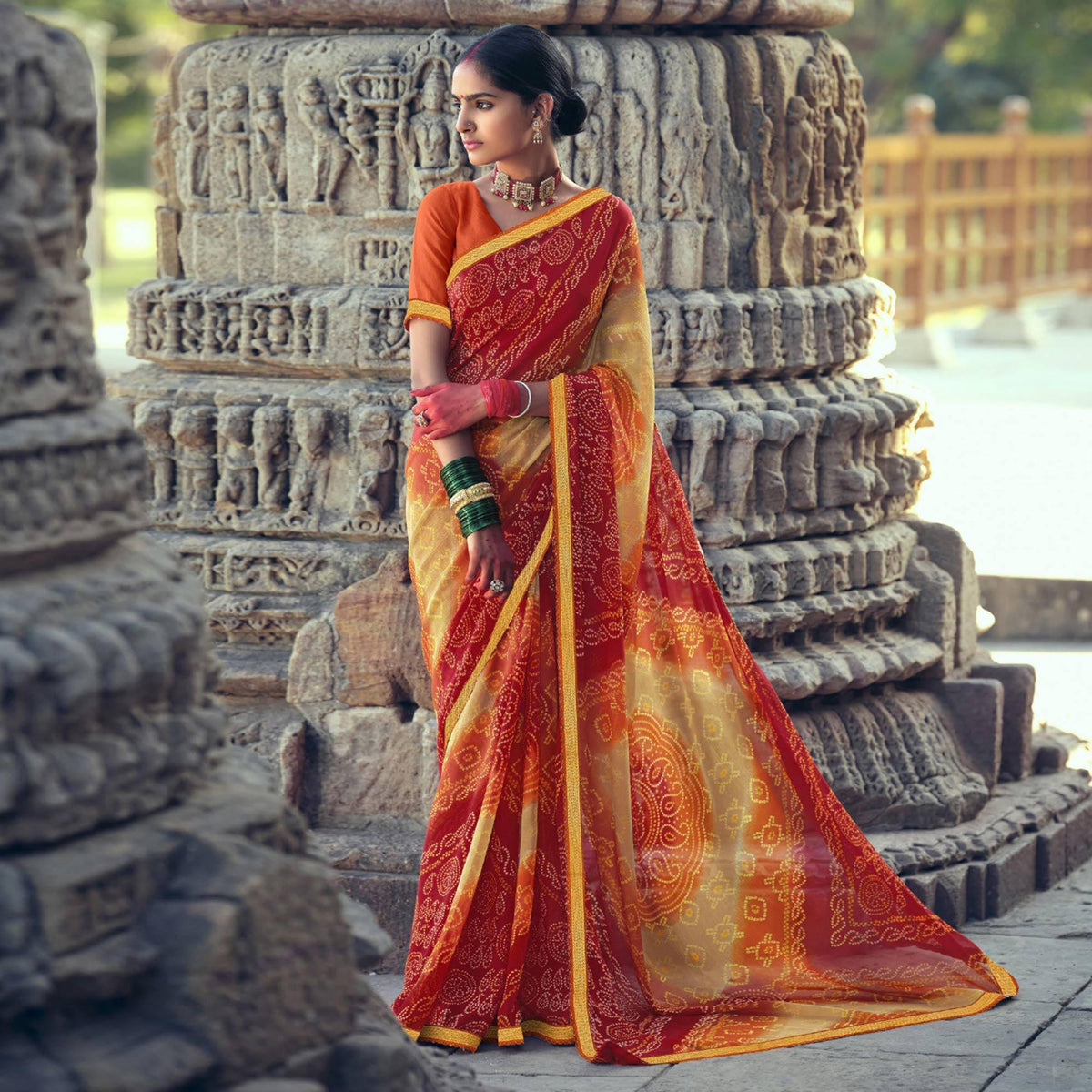 Red-Cream Bandhani Printed With Fancy Border Chiffon Saree - Image 2