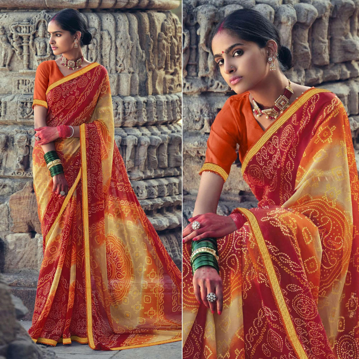 Red-Cream Bandhani Printed With Fancy Border Chiffon Saree - Image 3