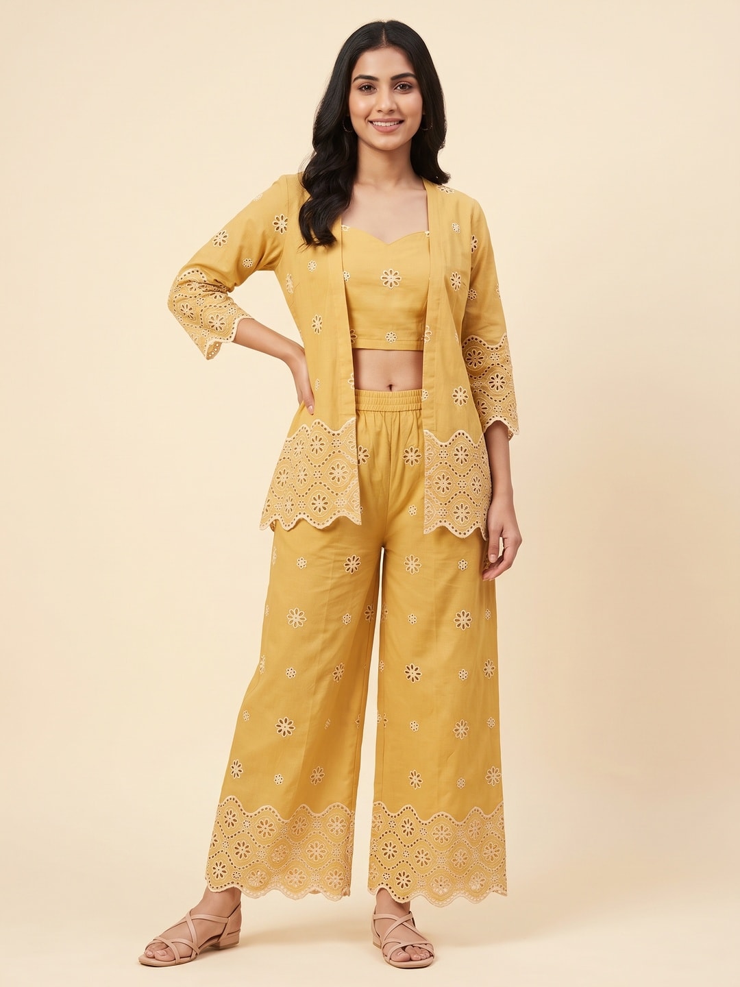 Yellow Schiffli Pure Cotton Top Bottom Set With Jacket - Image 1