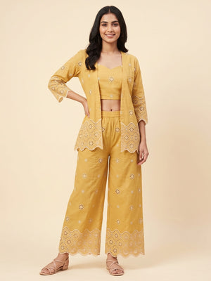 Yellow Schiffli Pure Cotton Top Bottom Set With Jacket - Image 1