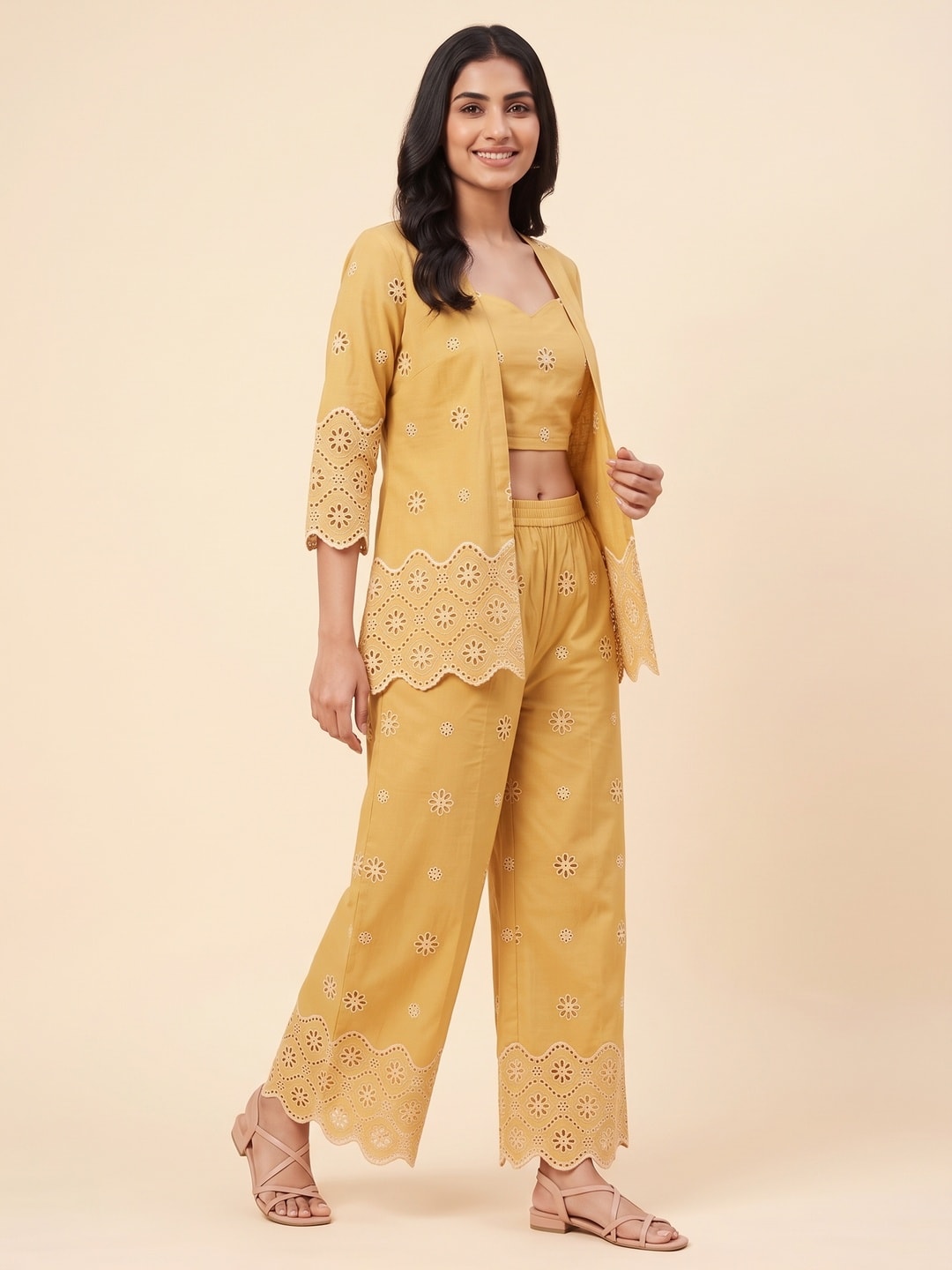 Yellow Schiffli Pure Cotton Top Bottom Set With Jacket - Image 3