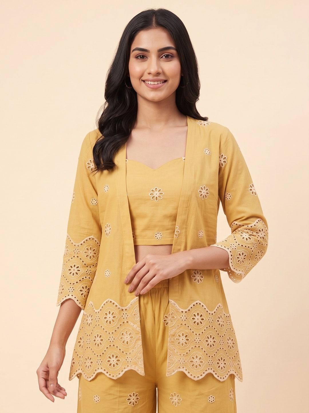 Yellow Schiffli Pure Cotton Top Bottom Set With Jacket - Image 4