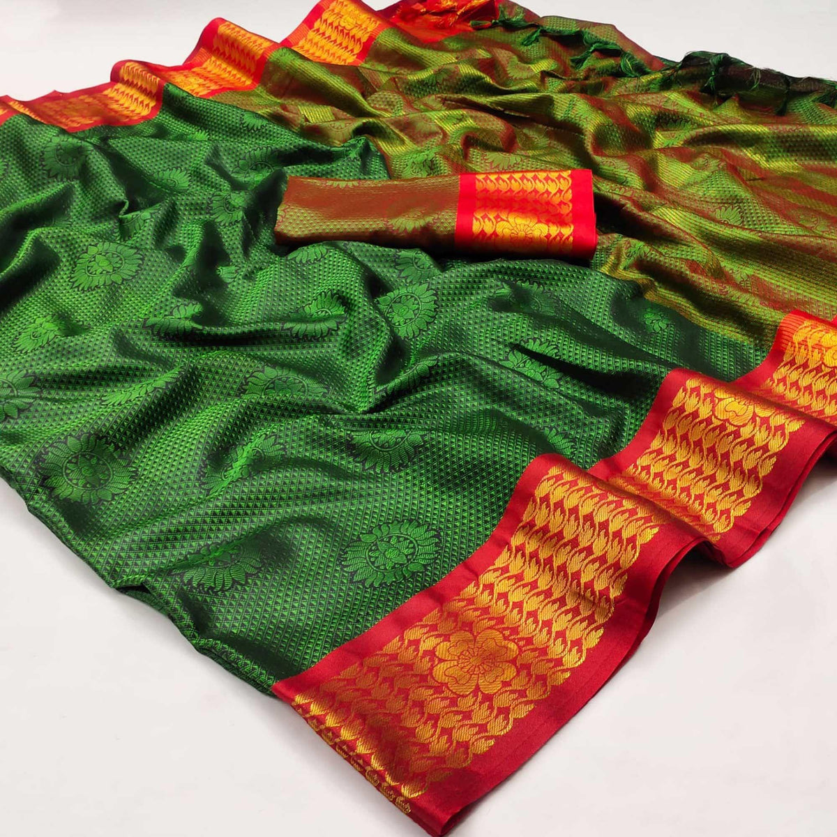 Green Festive Wear Woven Cotton Silk Saree - Image 1