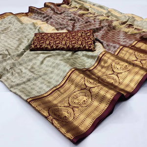 Chikoo Woven Cotton Silk Saree With Tassels - Image 1
