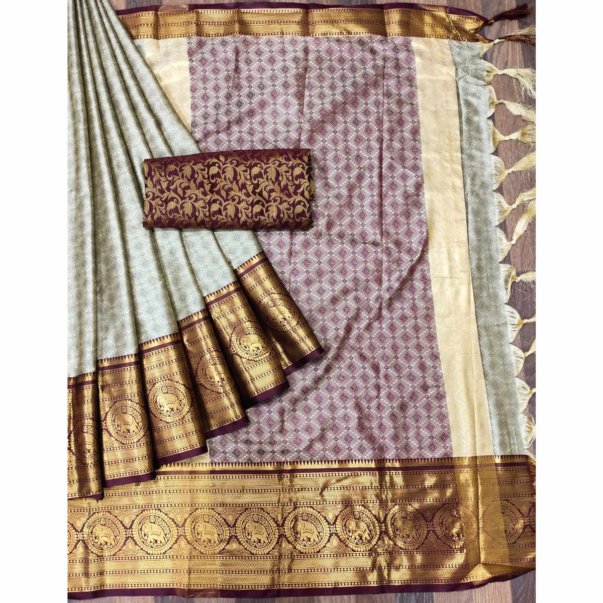 Chikoo Woven Cotton Silk Saree With Tassels - Image 3