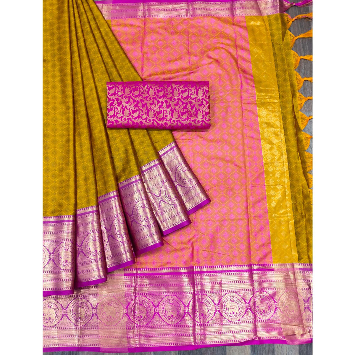 Golden Woven Cotton Silk Saree With Tassels - Image 1