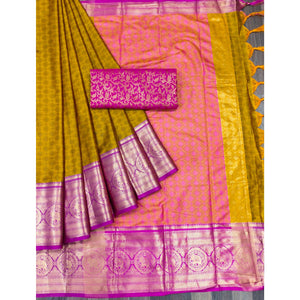 Golden Woven Cotton Silk Saree With Tassels - Image 1