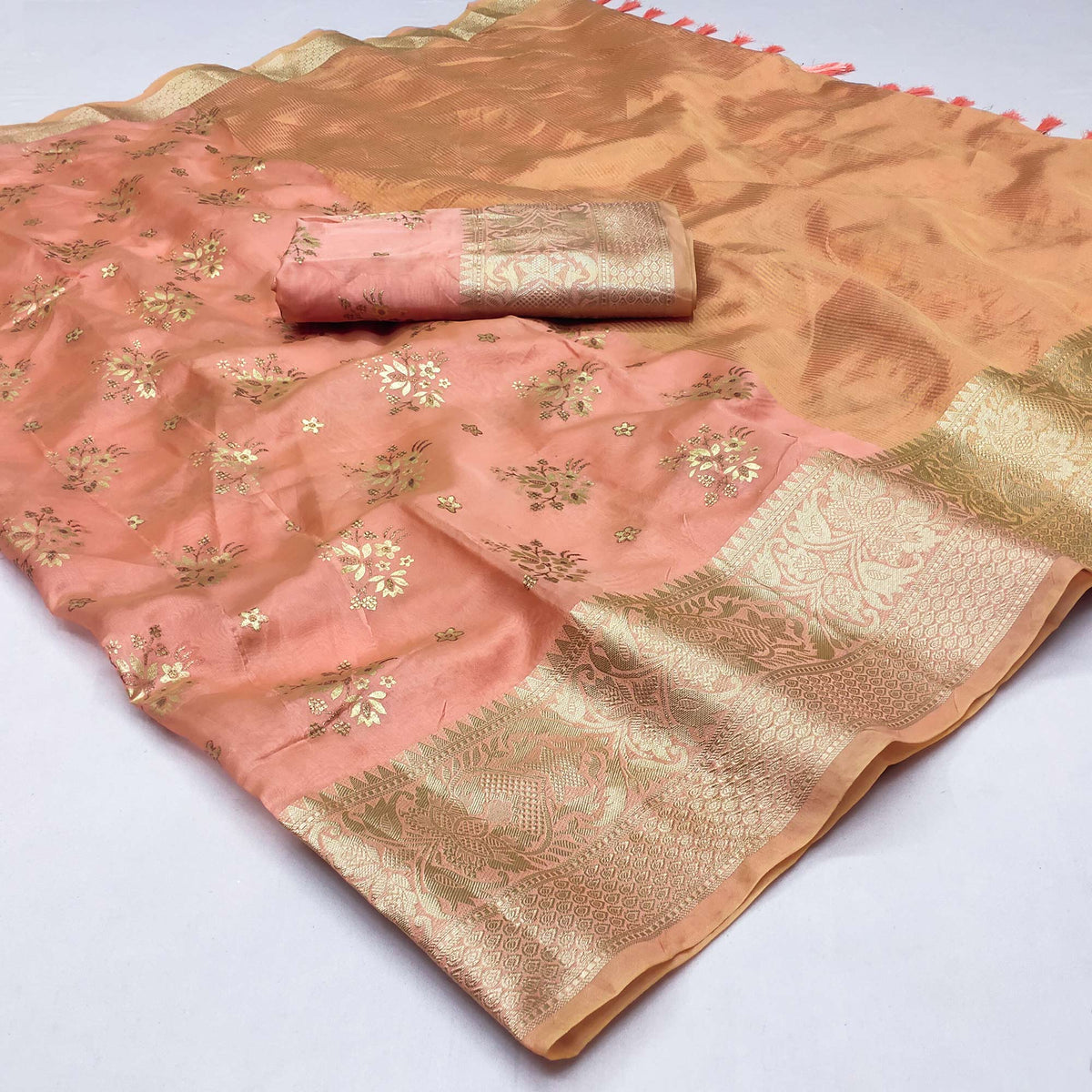 Peach Woven Organza Saree With Tassels - Image 1