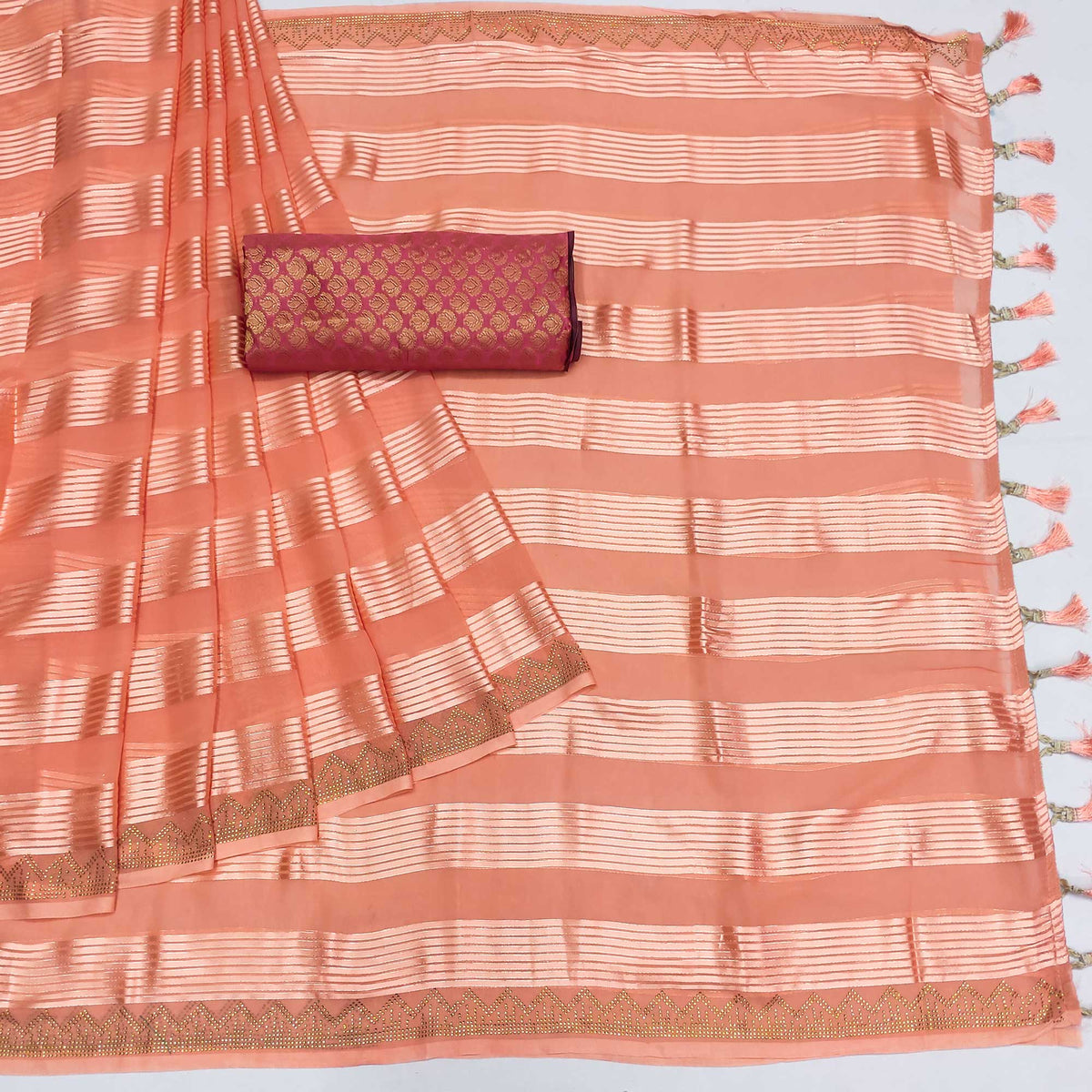 Peach Striped With Stone Work Georgette Saree - Image 3