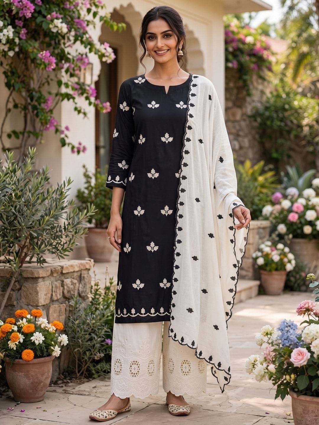 Peachmode Black Poly Rayon Unstitched Dress Material With Leaf Buti Embroidery And Schiffli Cambric Cotton Bottom And Dupatta - Image 2