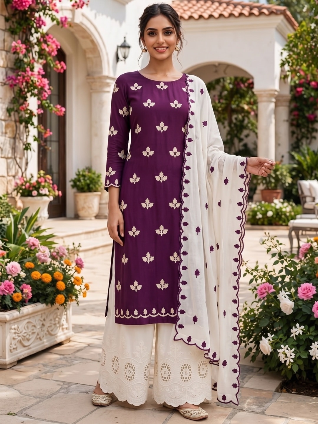 Peachmode Wine Poly Rayon Unstitched Dress Material With Leaf Buti Embroidery And Schiffli Cambric Cotton Bottom And Dupatta - Image 2