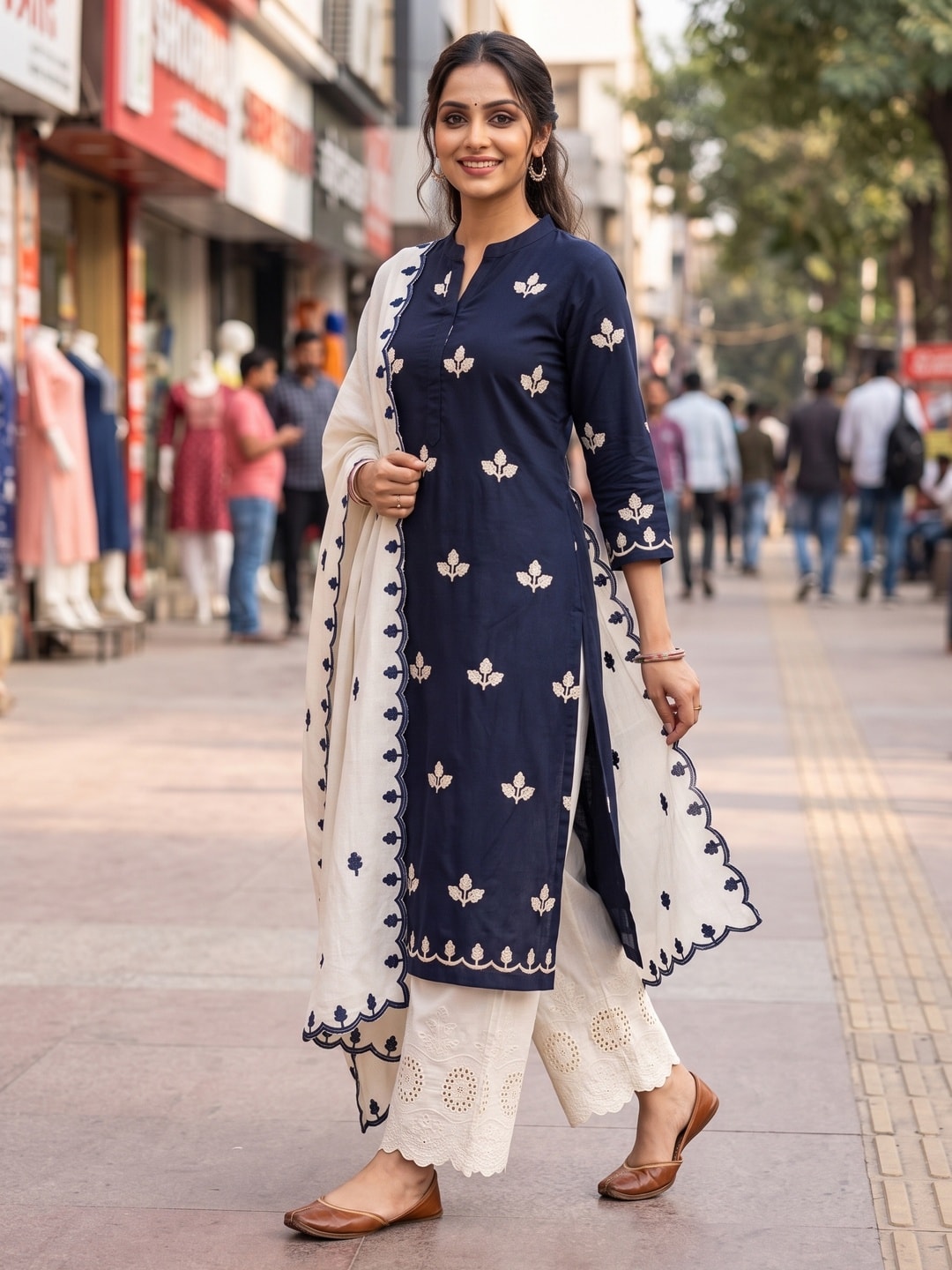 Peachmode Navy Blue Poly Rayon Unstitched Dress Material With Leaf Buti Embroidery And Schiffli Cambric Cotton Bottom And Dupatta - Image 3