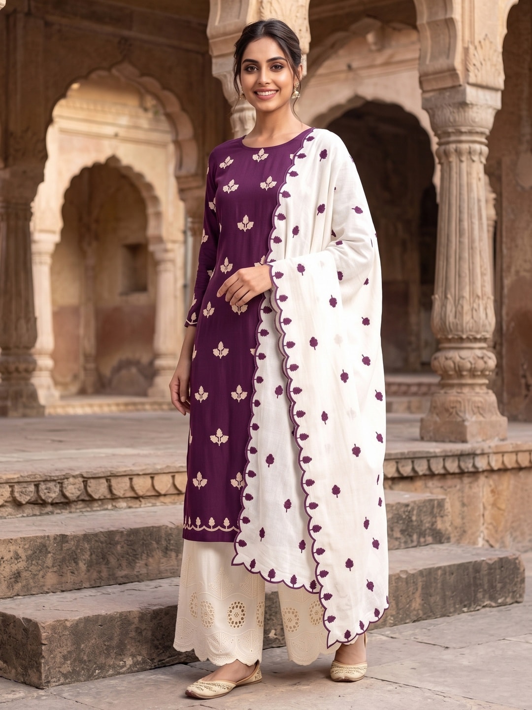 Peachmode Wine Poly Rayon Unstitched Dress Material With Leaf Buti Embroidery And Schiffli Cambric Cotton Bottom And Dupatta - Image 3