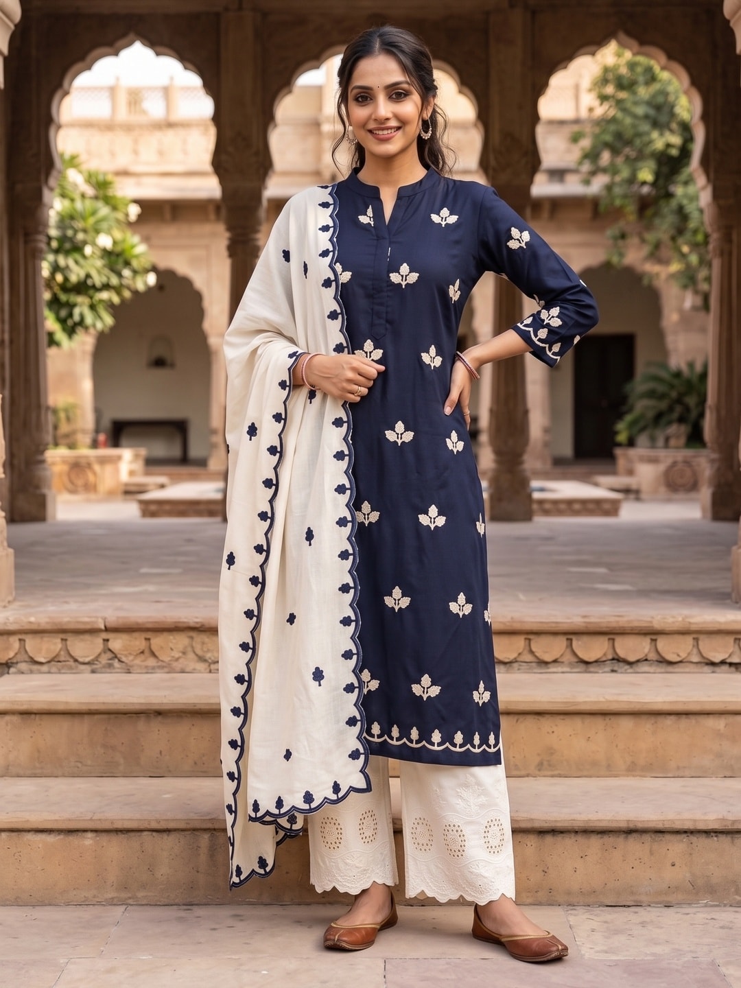 Peachmode Navy Blue Poly Rayon Unstitched Dress Material With Leaf Buti Embroidery And Schiffli Cambric Cotton Bottom And Dupatta - Image 4