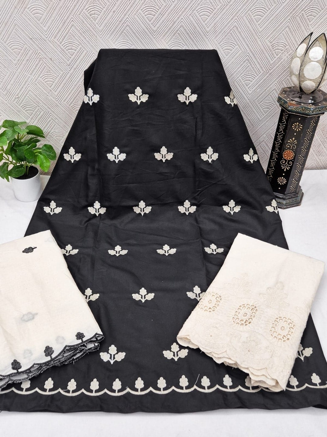 Peachmode Black Poly Rayon Unstitched Dress Material With Leaf Buti Embroidery And Schiffli Cambric Cotton Bottom And Dupatta - Image 4