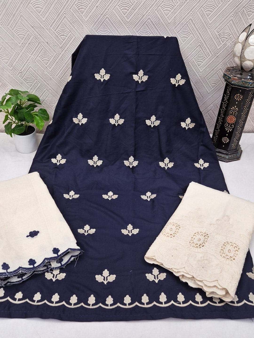 Peachmode Navy Blue Poly Rayon Unstitched Dress Material With Leaf Buti Embroidery And Schiffli Cambric Cotton Bottom And Dupatta - Image 5
