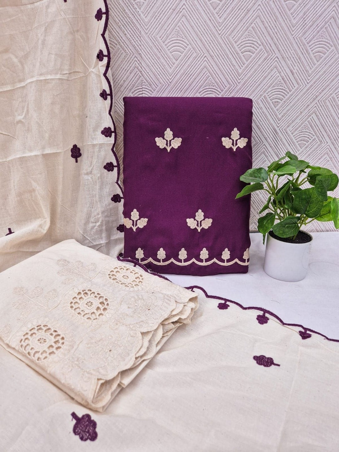 Peachmode Wine Poly Rayon Unstitched Dress Material With Leaf Buti Embroidery And Schiffli Cambric Cotton Bottom And Dupatta - Image 5