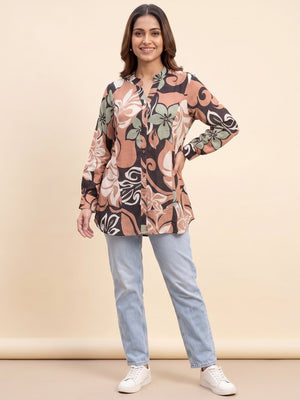 Brown Muslin A-Line Top Featuring Delicate All-Over Floral Prints - Image 1