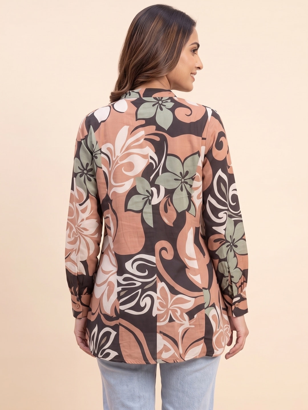Brown Muslin A-Line Top Featuring Delicate All-Over Floral Prints - Image 3