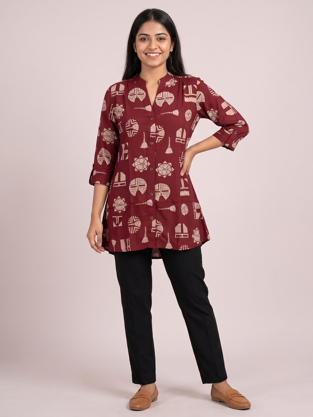 Designer Red Abstract Print Rayon A-Line Top with Modern Ethnic Look - Image 1
