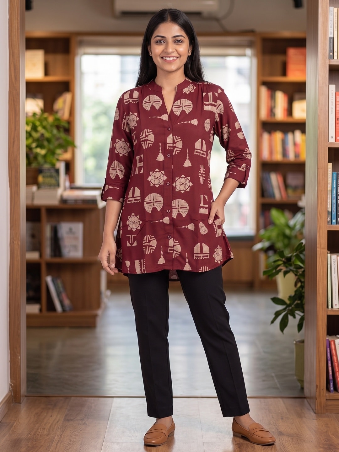 Designer Red Abstract Print Rayon A-Line Top with Modern Ethnic Look - Image 2